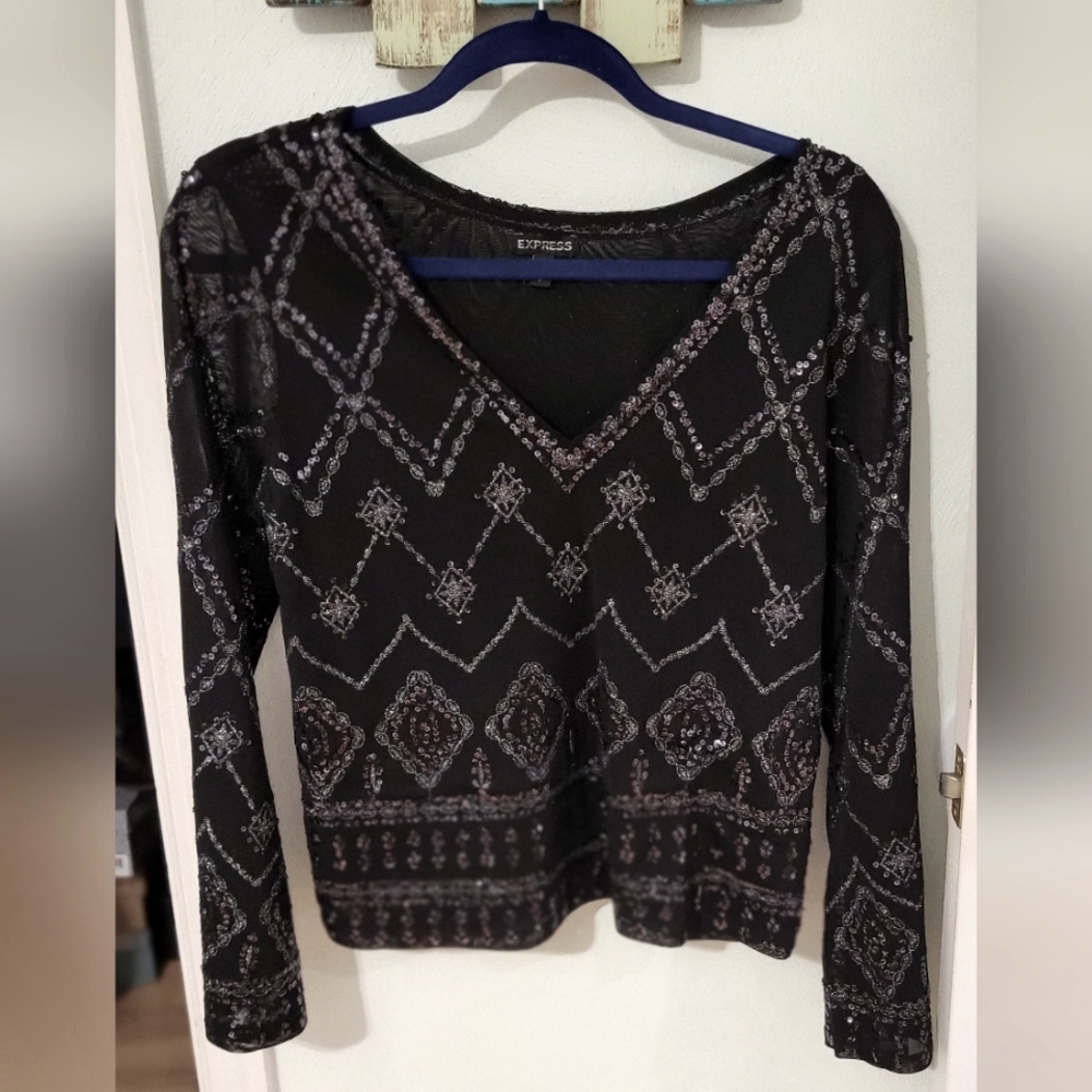 Express Black and Silver Sequin Women's Top